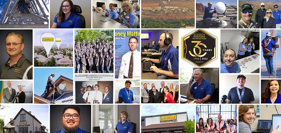 A photo collage of InfoWest employees at work, from the call center and office to tower and rooftop installs.