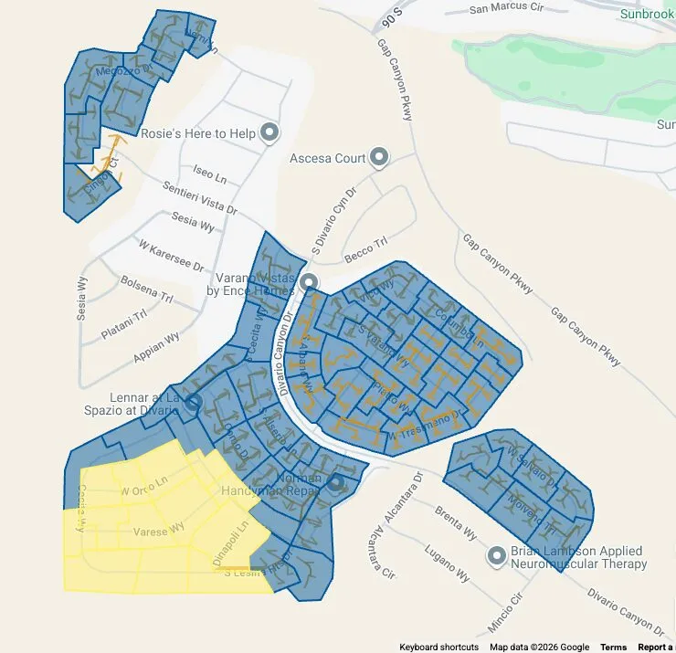 Street map of the Divario neighborhood off Divario Canyon Drive, most lots shaded blue and one block at the southwest corner shaded yellow.