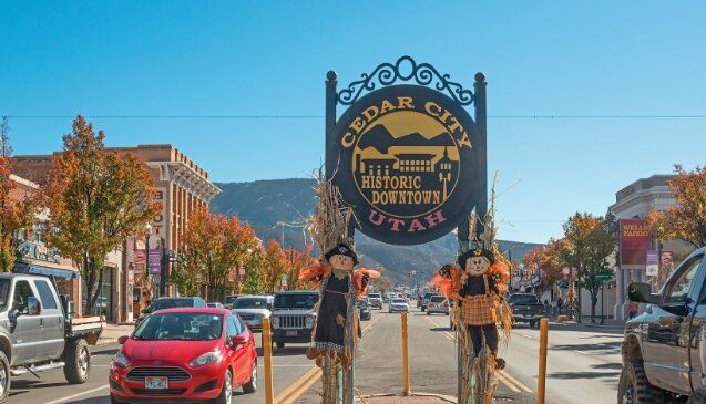 The Historic Downtown sign over Main Street in Cedar City in the fall.
