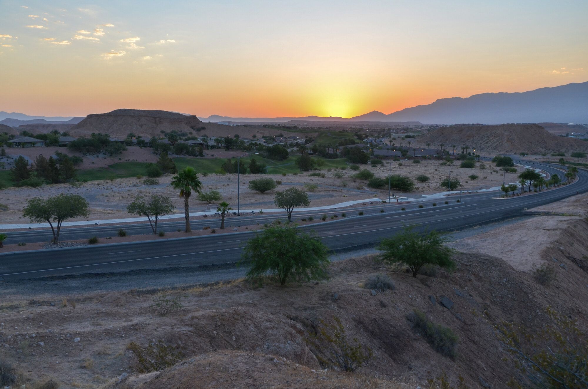 Sunrise over the Virgin Mountains from Pioneer Boulevard in Mesquite.