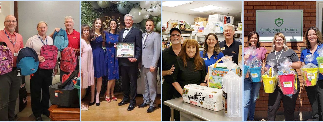 InfoWest team members at four community events: a backpack drive, an awards gala, a supply donation, and a local charity