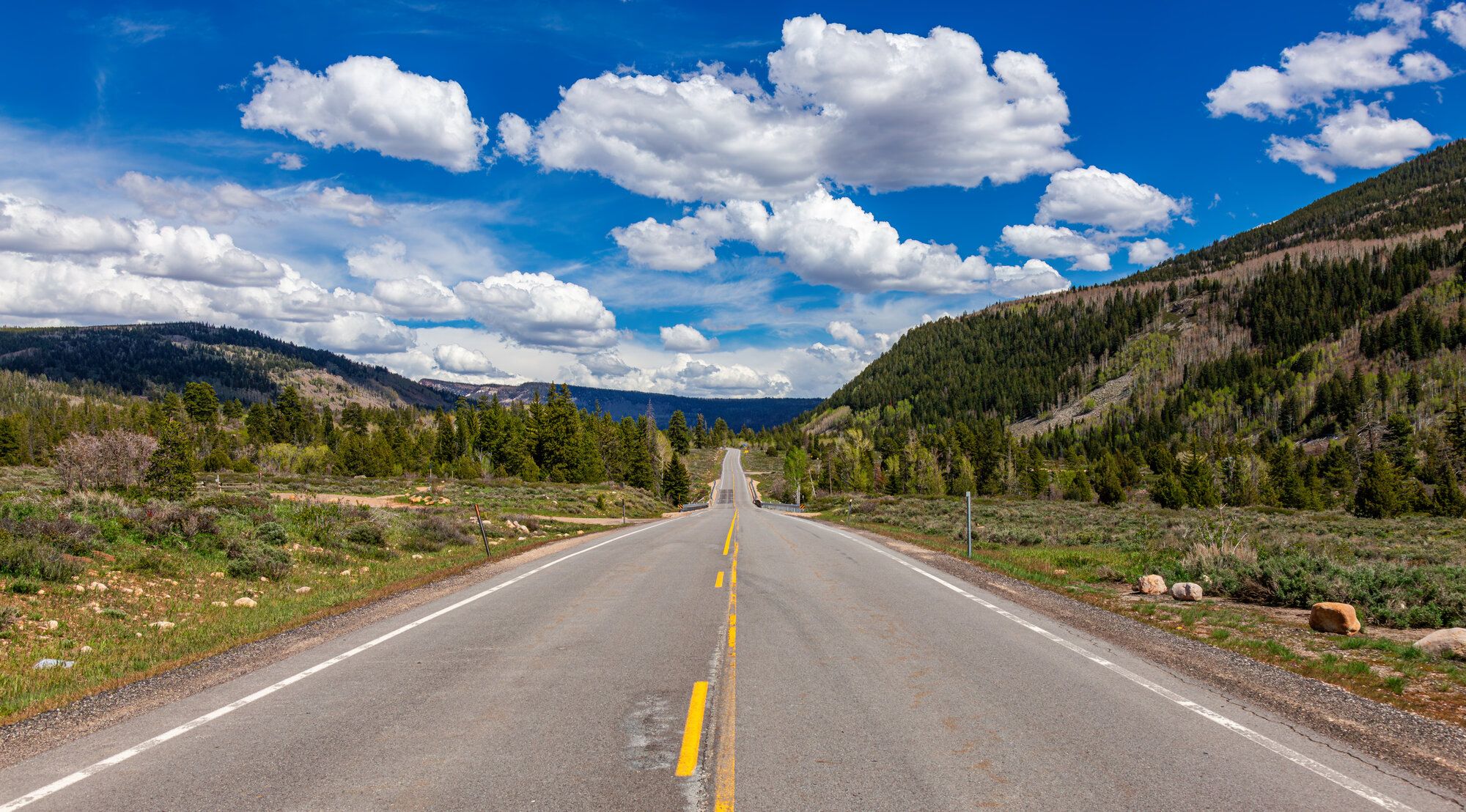 An open highway through green mountain country in southern Utah.
