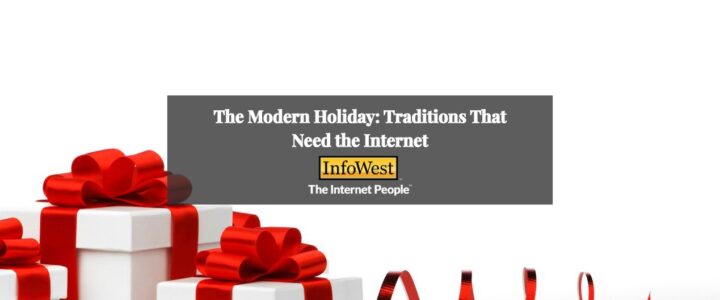 presents, on a white background with title ' The Modern Holiday: Traditions That Need the Internet'