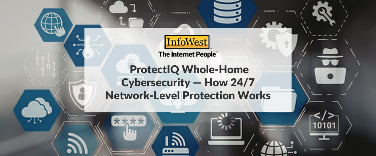 InfoWest banner with article title on a tech background: ProtectIQ Whole-Home Cybersecurity—How 24/7 Network-Level Protection Works.