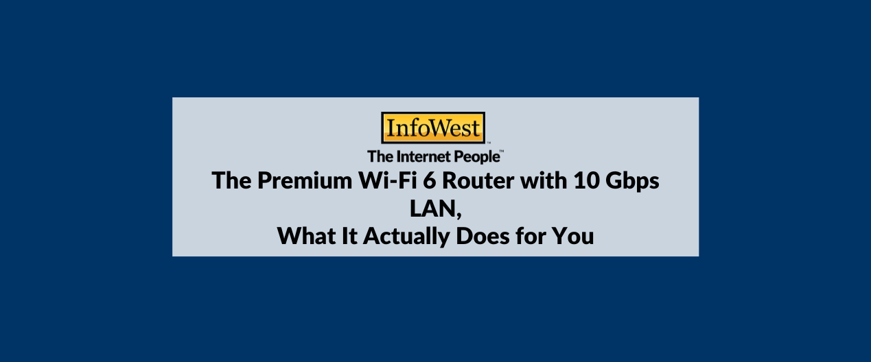 InfoWest banner header with logo and title describing a premium Wi‑Fi 6 router with 10 Gbps LAN and its benefits on a blue background