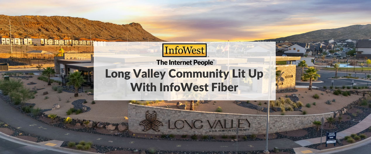 Aerial view of Long Valley community at sunset promoting InfoWest fiber connectivity.